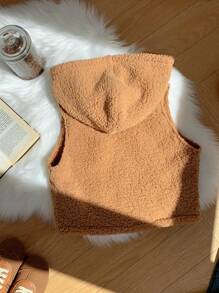 Comfortcana 驼绒大码女款拉链休闲连帽背心夹克羊毛背心棕色泰迪熊背心泰迪熊连帽衫背心女款秋冬背心