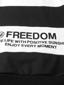 Manfinity Hypemode 男士休闲拼布印花宽松套头运动衫，返校秋季黑白圆领字母长袖休闲拼色运动衫，适合朋友、丈夫、男朋友的礼物 - 黑與白 - 查看 3