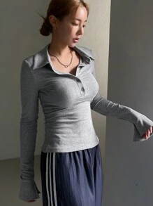 DAZY 女式纯色高领T恤，秋装 - 灰色 - 查看 7