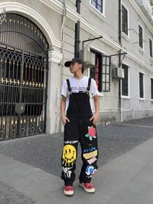 Manfinity EMRG Y2K 男士休闲涂鸦印花牛仔背带裤 - 黑色 - 查看 7