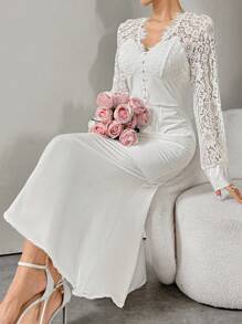 Modelyn Women's V-Neck Long Sleeve Stylish Elegant Charming Gracious Chic Short Dress - White - View 3