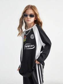Coolane Kids 青少年女孩秋季学院风街头运动服 Blockcore 足球超大 T 恤，适合返校季 - 黑與白 - 查看 2