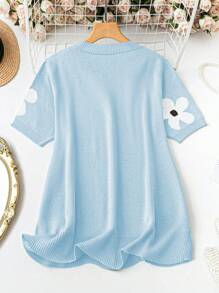 SHEIN LUNE Plus Size Women Floral Print Crew Neck Short Sleeve Casual Knitted Top, Spring/Autumn - Blue - View 2