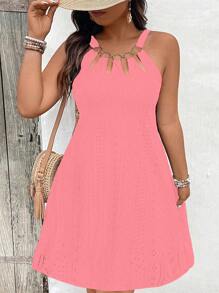 Calvaya Plus Size Spaghetti Strap Round Ring Split Hem Sleeveless Bodycon Elegant Dress - Watermelon Pink - View 4