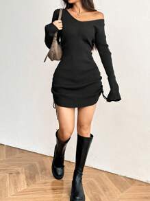 SHEIN Unity 女士纯色 V 领罗纹针织长袖中长连衣裙 - 黑色 - 查看 5