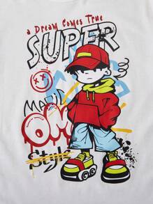 SHEIN Tween Boy's Casual Cartoon Letter Print Crew Neck Short Sleeve T-Shirt And Shorts Set, Summer - White - View 8