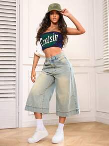 SHEIN EZwear Jeans de mezclilla de pierna ancha y lavados de 3/4 para mujer, de estilo casual de verano - Lavado ligero - Ver 4