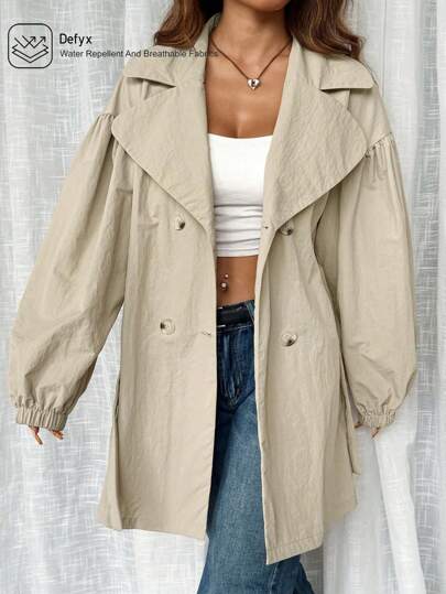 SHEIN EZwear Autumn/Winter Loose Casual Lantern Sleeve Khaki Water-Resistant Trench Coat