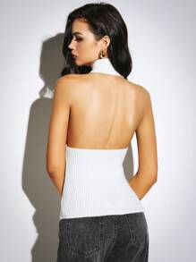 Poéselle 女款白色露背无袖高领针织上衣，白色罗纹针织，正面拉链，拉链可上下闭合，露肩上衣，白色紧身羊毛针织上衣，拉链毛衣上衣，秋冬必备下装，休闲时尚必备，秋季服装，冬季服装 - 米色 - 查看 5