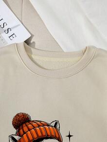 SHEIN EZwear Women's Casual Cartoon Animal Print Fleece Sweatshirt For Vacation - Apricot - View 3