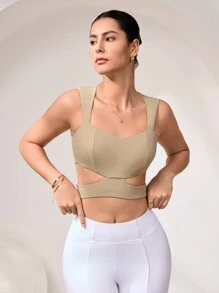 SHEIN Sports 女士纯色简约日常镂空运动文胸 - 杏色 - 查看 5