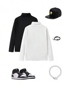 SHEIN 青少年男童买一送一 2件套 休闲舒适百搭高领长袖上衣，黑白两色可选，翻领设计，抓绒双面穿保暖修身T恤 时尚秋冬 - 黑與白 - 查看 2