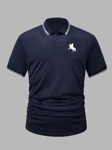 男式休闲撞色边饰骑士印花 Polo 衫，夏季 - 藏蓝色 - 查看 5
