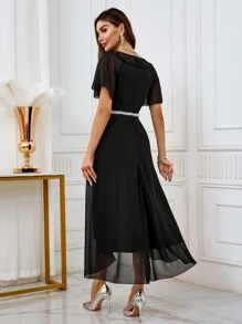 SHEIN Belle Vestido formal de unicolor con encaje de contraste de bajo a alto, vestido de cóctel elegante para fiesta de graduación, boda o invitada