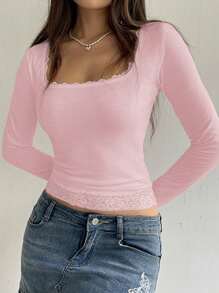 INAWLY Áo thun nữ cổ vuông tay dài màu trơn phối ren thanh lịch ôm dáng thời trang xuân hè cho trang phục mùa xuân - Hồng - Xem 3