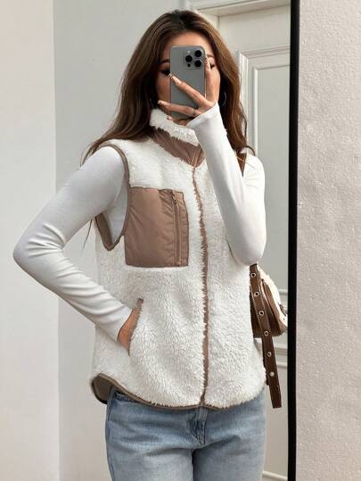 SHEIN EZwear Contrast Color Stand Collar Fleece Vest Jacket, Autumn & Winter