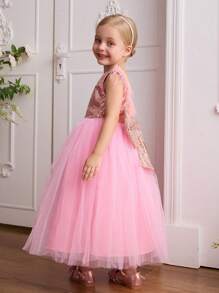 SHEIN Glamorique Kids Girls High-End Fashion Runway Dress, Pink Mesh Tulle Skirt, V-Back Feather Trim, Metallic Sequin Big Bow Princess Gown, 4-Season - Pink - View 6