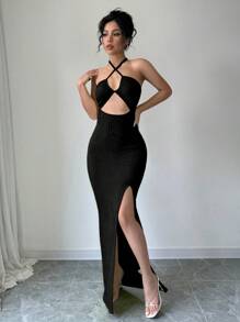 Chiquease Halter Neck Backless High Slit Maxi Fitted Black Dress, For Going Out