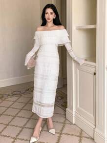 DAZY 女士纯色露肩褶皱修身连衣裙，优雅女士礼服，舞会礼服 - 白色 - 查看 4