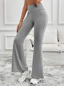 SHEIN Tall 女士纯色喇叭紧身裤 折叠紧身裤 弹力喇叭裤 瑜伽裤 Y2k 慢跑裤 - 灰色 - 查看 5