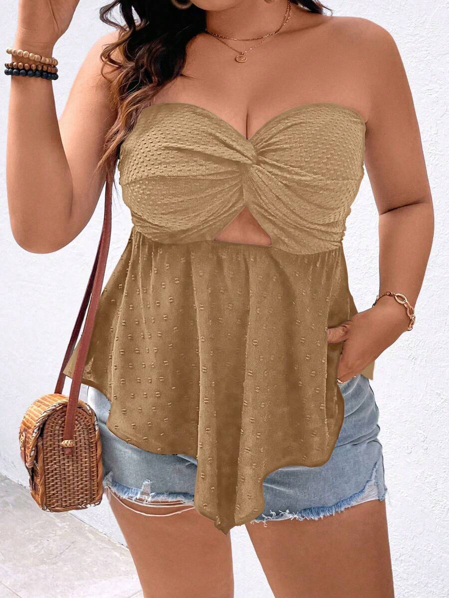 SHEIN Clasi Plus Size Women's Solid Color Twist Knot Ruffle Hem Tube Top - Khaki - View 1