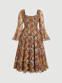 SHEIN MOD Plus Size Women's Mesh Floral Print Ruched Bust Vintage Long Sleeve Dress - Multicolor - View 2