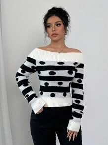 Chiquease 女士露肩波点针织套头衫，秋冬款 - 黑與白 - 查看 5