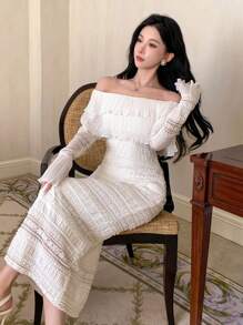 DAZY 女士纯色露肩褶皱修身连衣裙，优雅女士礼服，舞会礼服 - 白色 - 查看 9