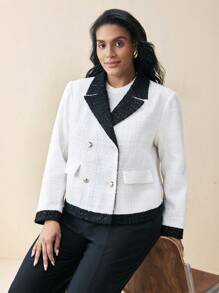 BizChic Plus Size Elegant Bi-Color Knitted Blend Blazer Jacket - White - View 3