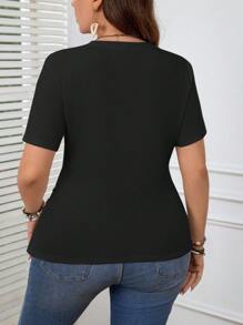 SHEIN LUNE Áo thun thường ngày cổ chữ V màu mơ cỡ lớn, mùa xuân hè - màu đen - Xem 2