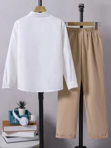 2 件 Tween Boy 基本套装：刺绣纽扣前长袖上衣和松紧腰带口袋裤子 - 彩色 - 查看 2