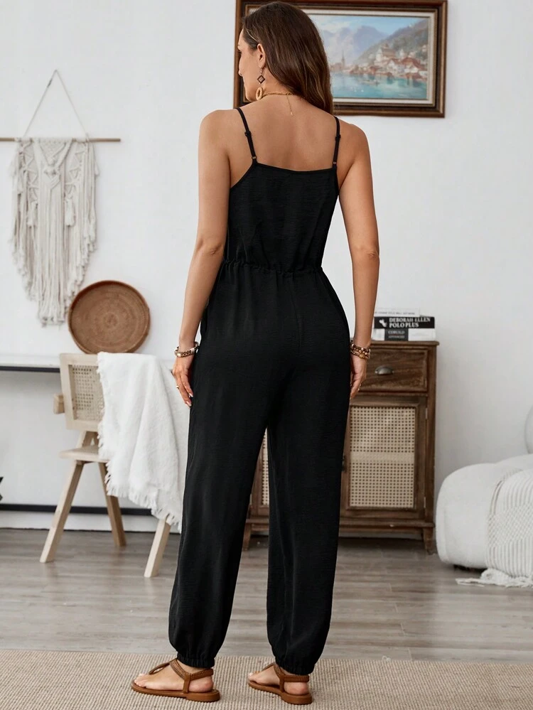 Women's Solid Color Waist Tassel Tie Pocket Casual Jumpsuit