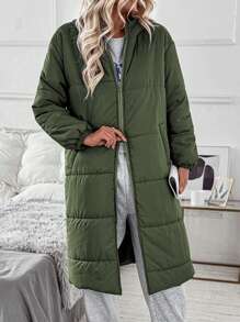 Chiquease Olive Green Quilted Padded Coat With Elastic Cuffs & Zipper Pockets, Women's Winter Jacket Thermal Fall Cloth For Women