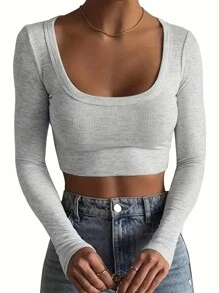 INAWLY Solva Camiseta de manga larga ajustada de cuello redondo de unicolor para mujer para primavera y verano