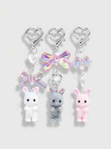 ROMWE Kawaii 3pcs/Set Pink Translucent Bow, White Faux Pearl, Grey/White/Pink Cute Rabbit Flocked Keychain Gift, Fashionable And Delicate Bag Charm, Suitable For Women's Daily Wear And Holidays Valentines