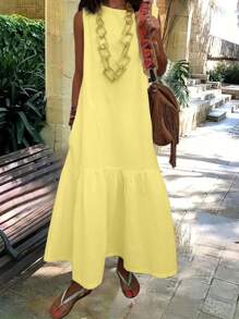 Pariaura 女士宽松休闲圆领无袖荷叶边下摆褶皱纹理面料连衣裙长款女装 - 黃色 - 查看 1