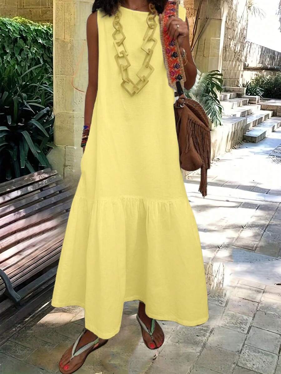 Pariaura 女士宽松休闲圆领无袖荷叶边下摆褶皱纹理面料连衣裙长款女装 - 黃色 - 查看 1