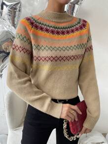 SHEIN LUNE Women's Retro Pattern Turtleneck Long Sleeve Sweater, Knit Pullover Fall Winter - Multicolor - View 4