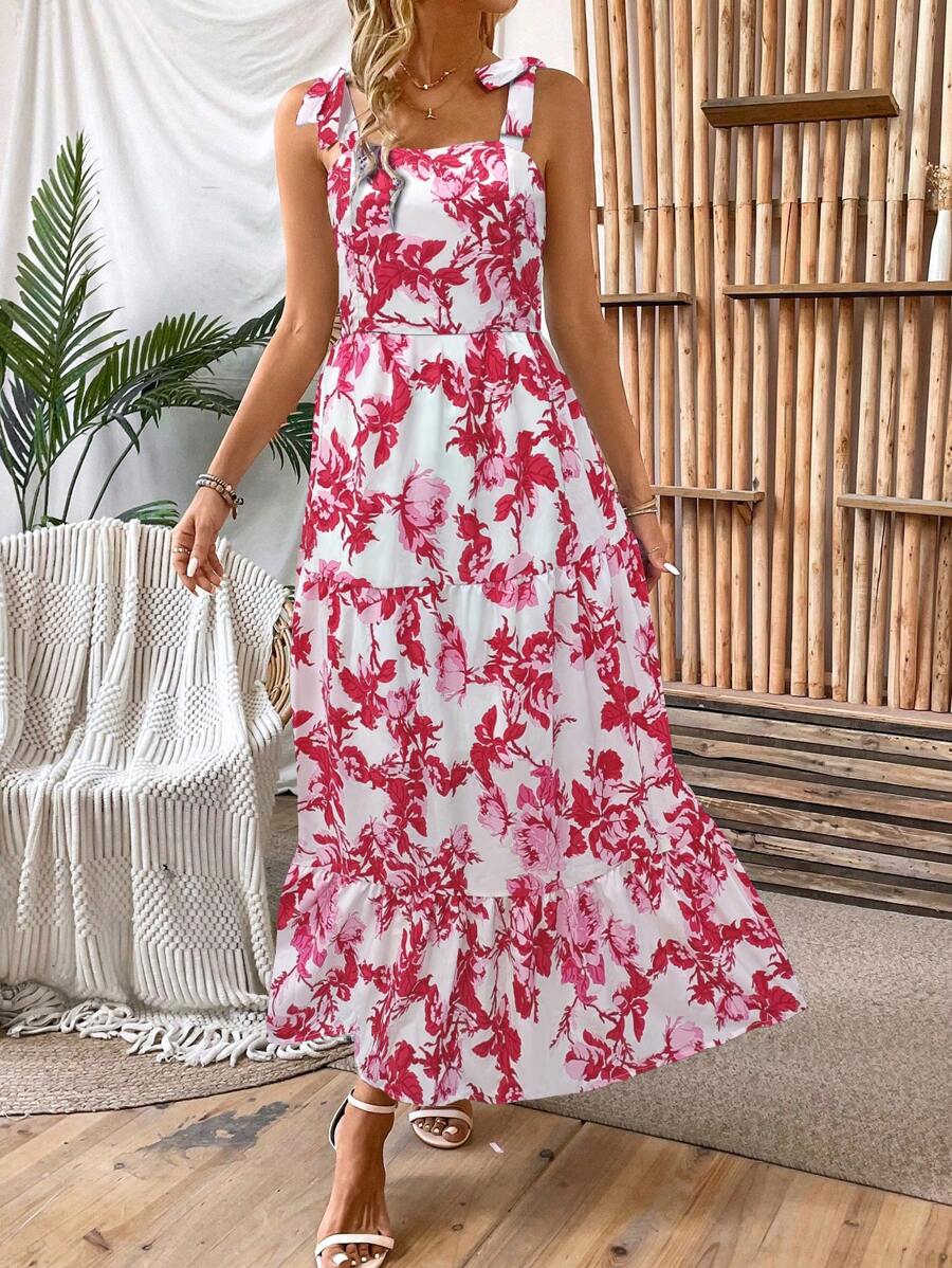 SHEIN Clasi 女士随机印花吊带连衣裙 - 紅白色 - 查看 1