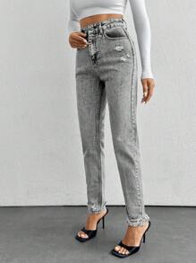 EURMUSE High Waist Ripped Mom Fit Jeans - Grey - View 4