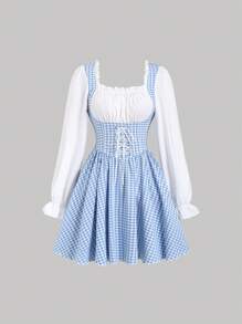 Sweetra 蓝色 & 白色格纹印花长袖束带迷你连衣裙 - 藍白色 - 查看 1