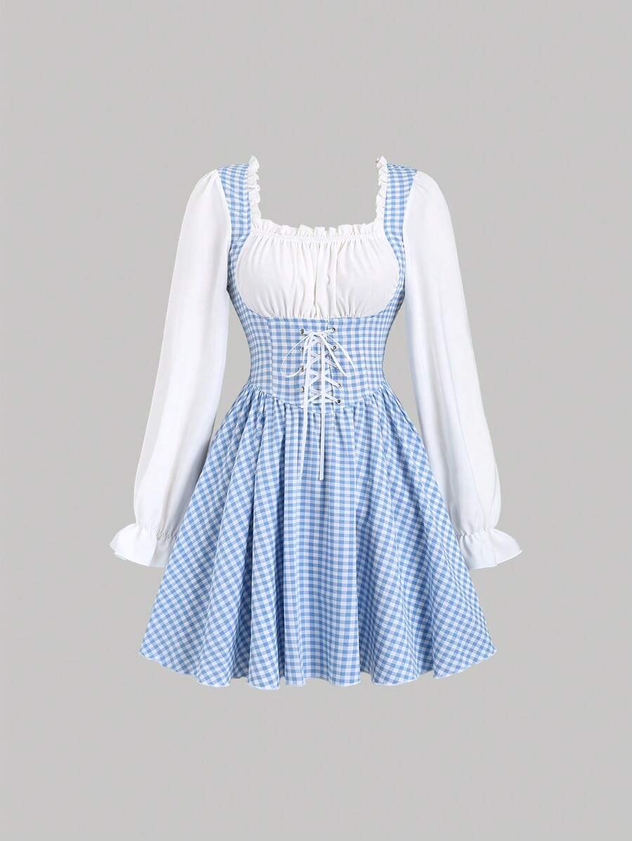 Sweetra 蓝色 & 白色格纹印花长袖束带迷你连衣裙 - 藍白色 - 查看 1