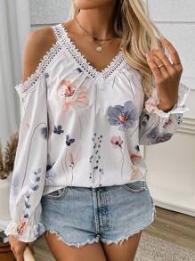 SHEIN LUNE 2024 Thiết Kế Mới Cổ Chữ V Hở Vai In Hoa Tay Dài Thanh Lịch Cho Nữ - trắng - Xem 3