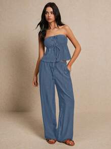 Poéselle Summer  Fashion Linen Two-Piece Set, Chest Is Top Chest Slit Lacing + Wide Leg Trousers Linen Two-Piece Set, Wear Comfortable And Breathable, Suitable For Commuting Holiday Home Wear Casual Solid Color Strapless Crop Top And Long Pants Set With Slit