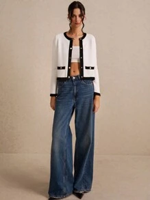 Poéselle Áo len cardigan dệt kim dài tay màu đen và trắng viền kim loại cài nút phía trước cho nữ, áo len cardigan dệt kim dài tay rộng rãi và thanh lịch - Đen và trắng - Xem 1