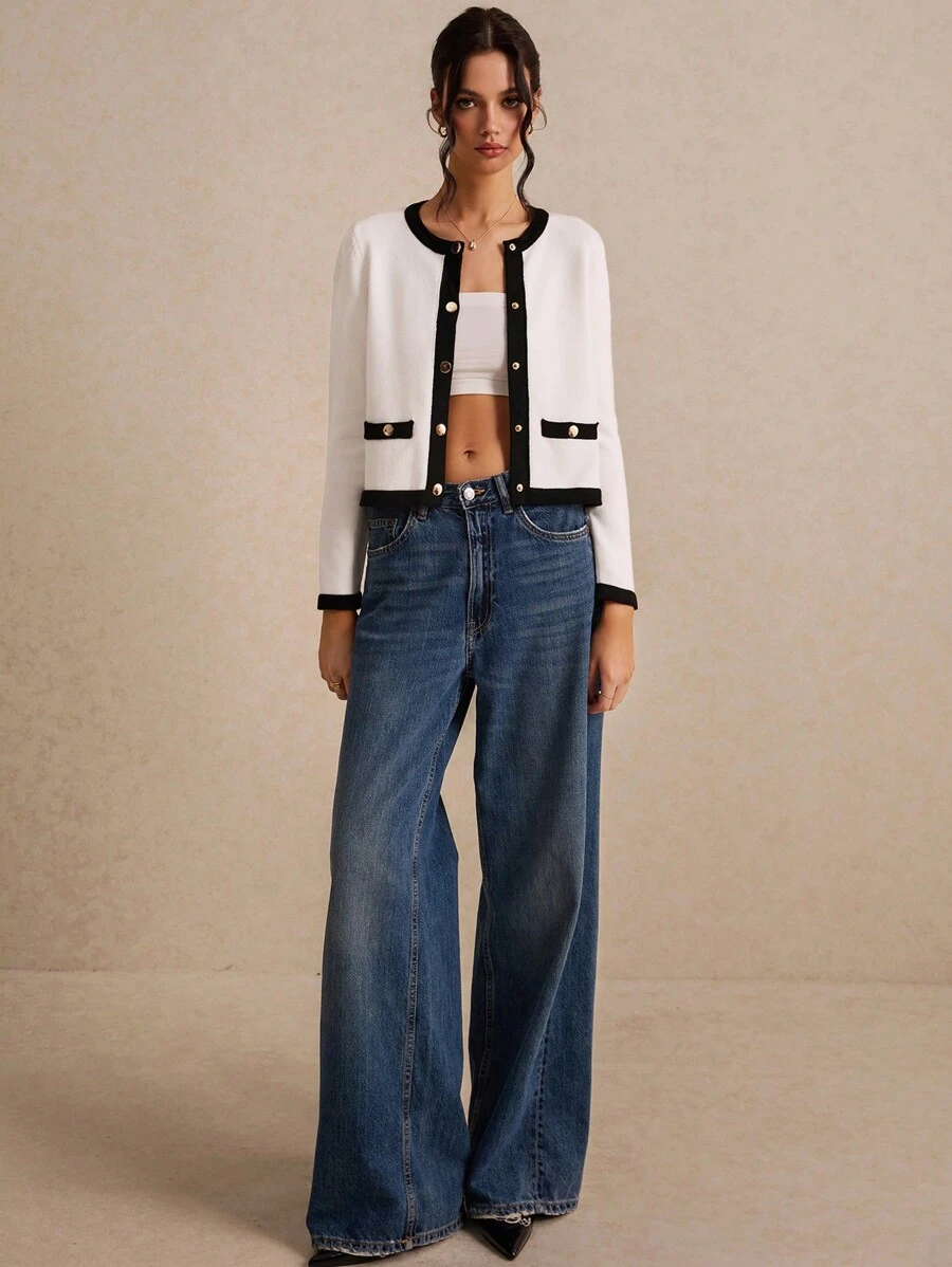 Poéselle Áo len cardigan dệt kim dài tay màu đen và trắng viền kim loại cài nút phía trước cho nữ, áo len cardigan dệt kim dài tay rộng rãi và thanh lịch - Đen và trắng - Xem 1