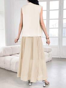 Modelyn 女装夏季纯色褶皱V领无袖衬衫和长裙优雅精致两件套，优雅晚会礼服 - 米色 - 查看 5