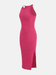 SHEIN Vestido casual rosa sin mangas de punto con cuello halter para adolescente - Rosa Fucsia - Ver 3