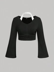 SHEIN MOD Blusa negra de manga larga acampanada con cuello halter para mujer talla grande - Negro - Ver 1