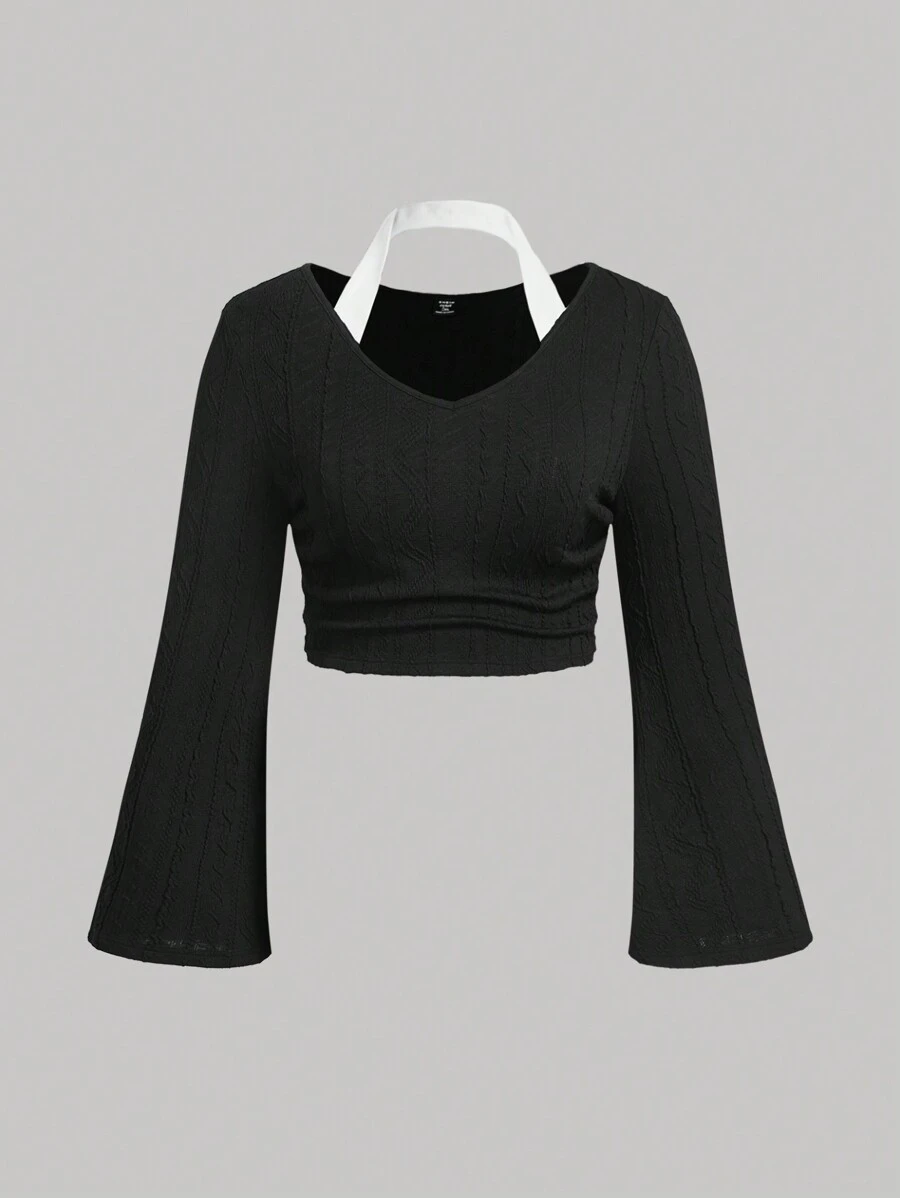 SHEIN MOD Blusa negra de manga larga acampanada con cuello halter para mujer talla grande - Negro - Ver 1